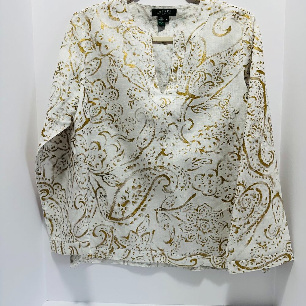 LAUREN RALPH LAUREN Women's Gold Printed 100% Linen Top; Size: PM Petite Medium